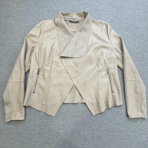 Bagatelle Womens Size L Beige Faux Leather Draped Jacket Open Front Long Sleeve - Picture 1 of 16